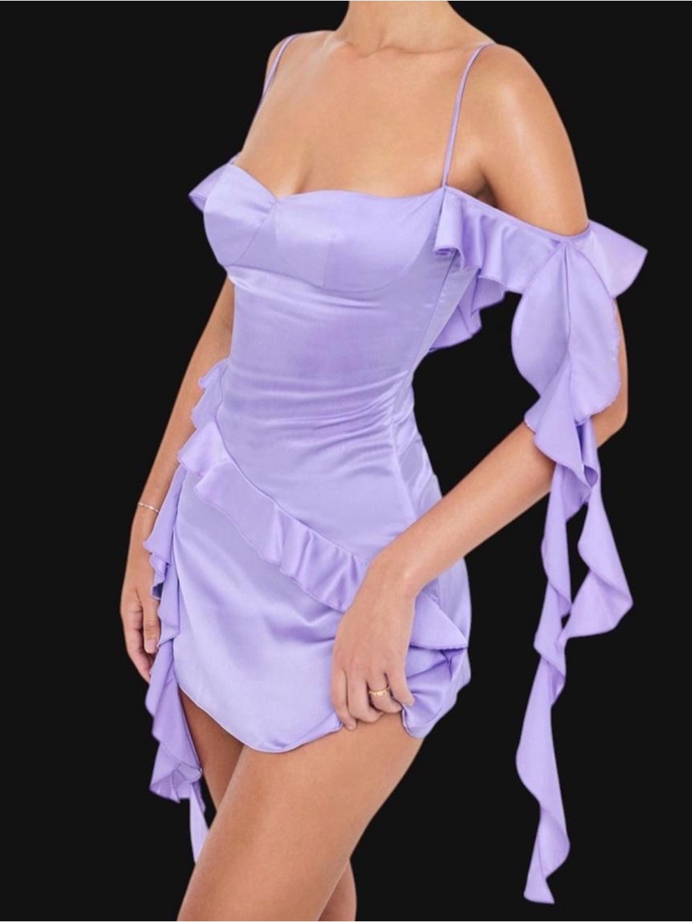 Like New | Mistress Rocks Lavender Satin Asymmetric Ruffle Mini Dress Size M
